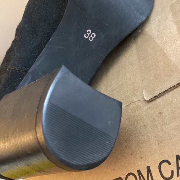 Black suede high heel ankle boots. Bought in Denmark Comfy Stacked 3 1/2” heel. - Picture 11 of 13